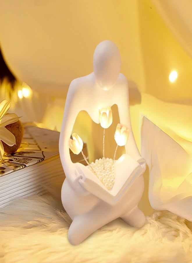 Neeenn Reading Women Statue with Tulip Lamp, Thinker Sculptures with Night Light, Abstract Art Ornament, Modern Aesthetic Figurine Decoration for Home Living Room Bedroom Office Table Desk Bookshelf Decor - Image 1